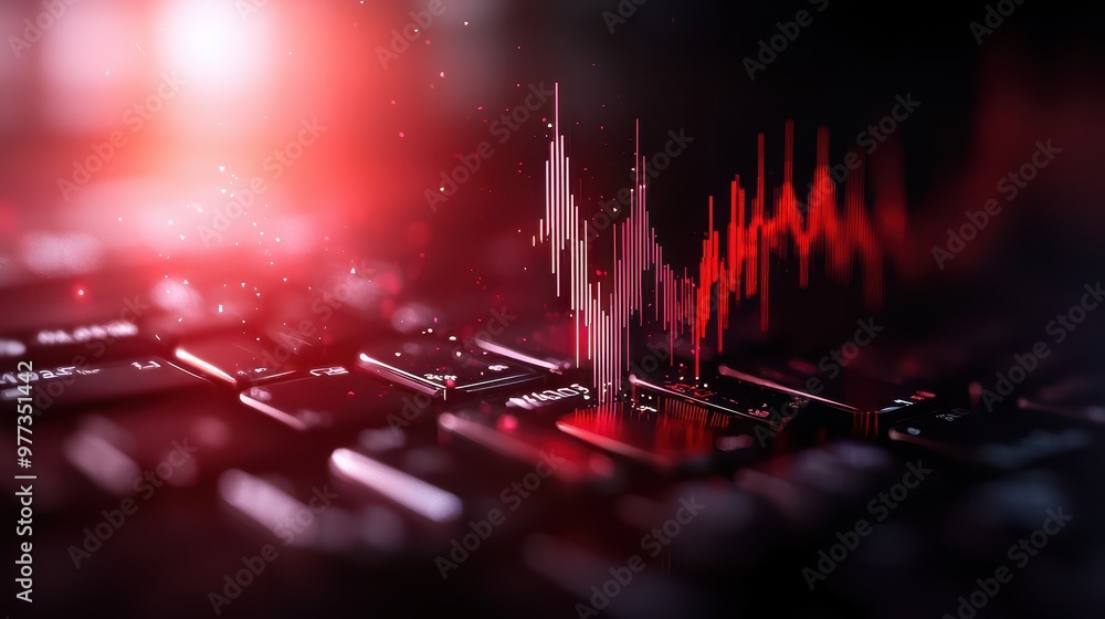 Aufkleber A vibrant digital waveform showcasing sound and technology through artistic visual effects on a keyboard background.