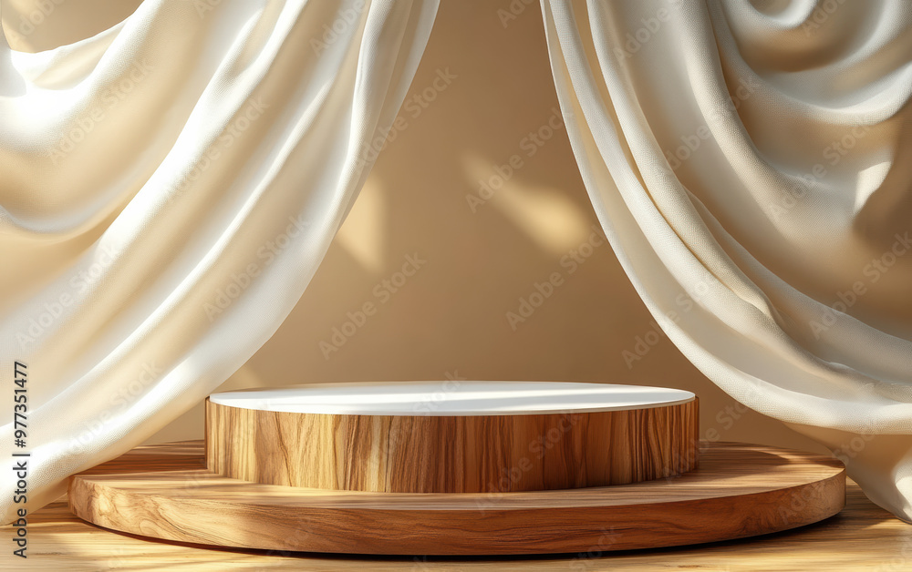 Poster elegant empty wooden podium with flowing white drapes, ready for product display in a golden-lit env