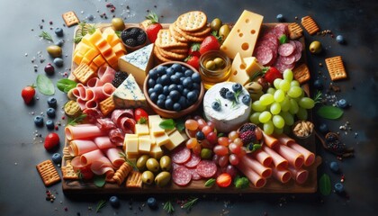Fototapeta premium A mouth-watering charcuterie board, featuring a variety of cheeses, cured meats, olives, crackers, and fresh fruit