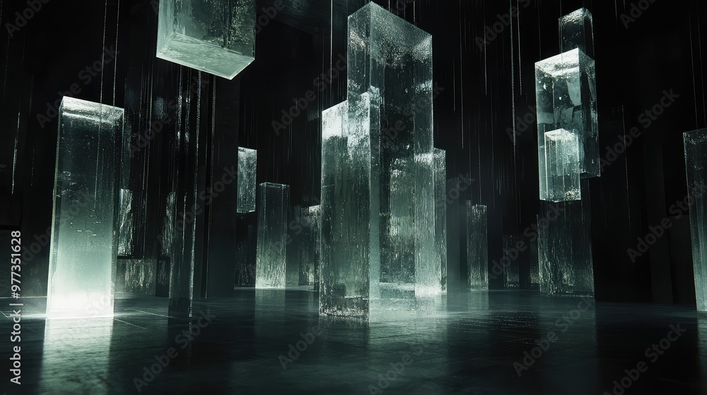 Poster floating glass-like structures casting soft, intricate reflections in a dark environment.