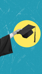 Modern art collage showing hands with a graduation cap on a blue background, copy space.