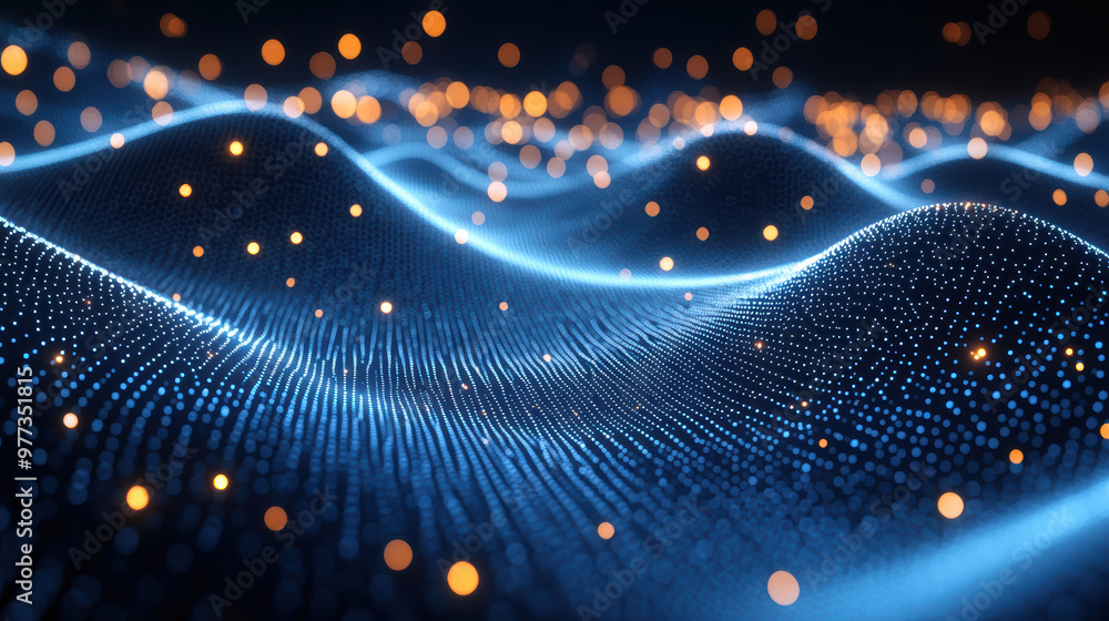 Poster abstract futuristic digital landscape with glowing particle network waves, representing technology a
