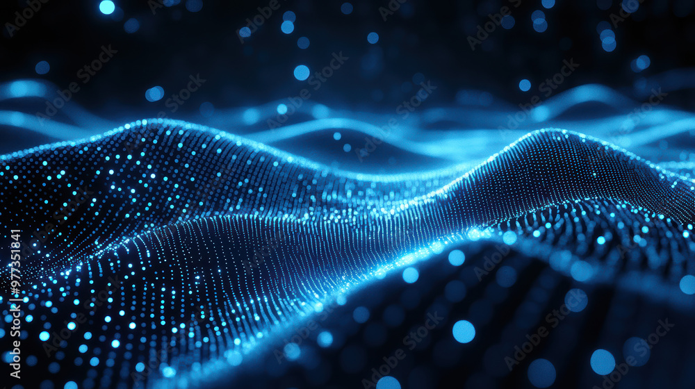 Poster Abstract digital wave pattern with glowing blue dots, representing technology and data flow, creating a futuristic and dynamic visual effect.