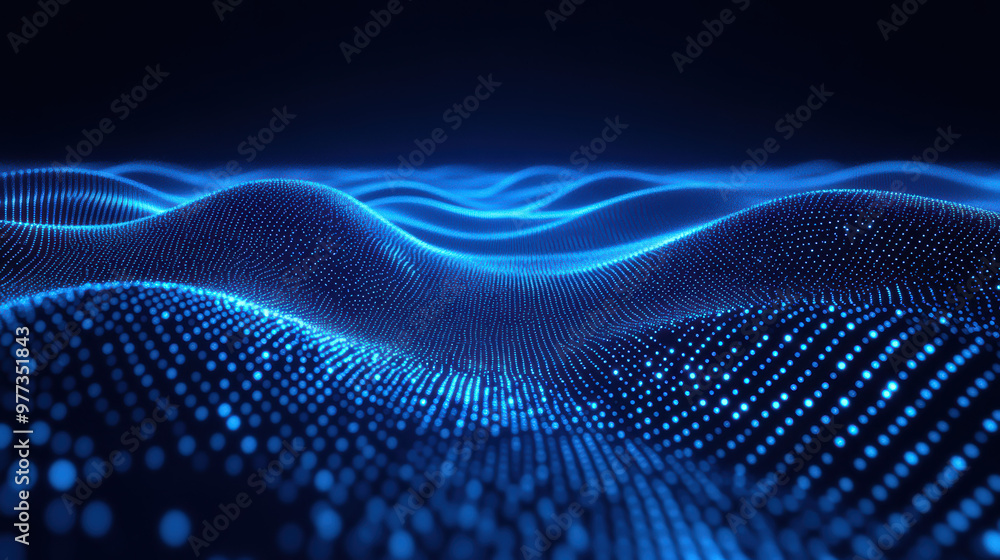 Poster blue digital wave flowing across a futuristic landscape with glowing dots and lines representing dat