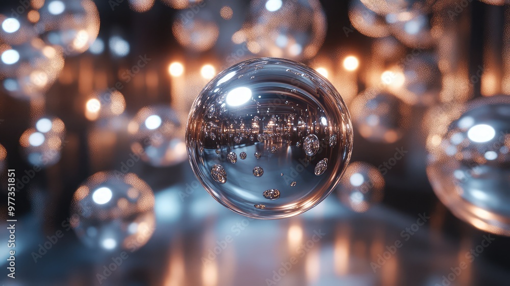 Poster floating metallic orbs casting sharp, intricate reflections in a weightless, abstract void.