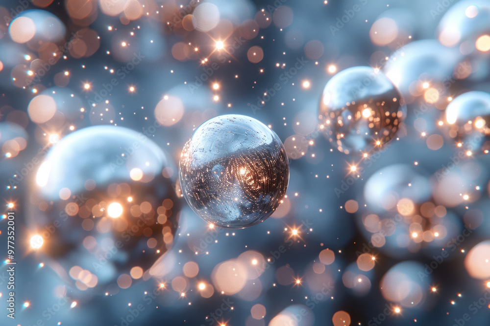 Aufkleber A 3D element resembling a cluster of metallic orbs of different sizes, floating in space,