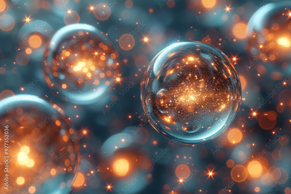 Fototapete a 3d element resembling a cluster of metallic orbs of different sizes, floating in space,