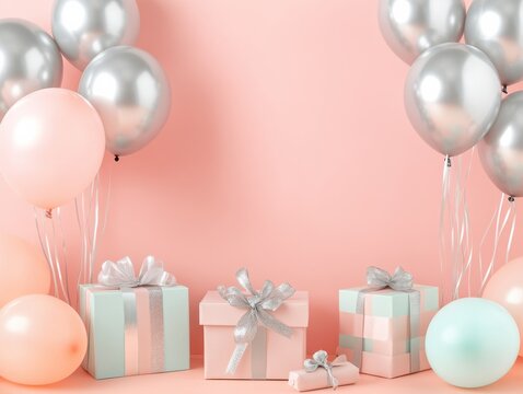 Beautiful pastel-themed celebration setup with balloons and gift boxes, perfect for parties and special occasions.
