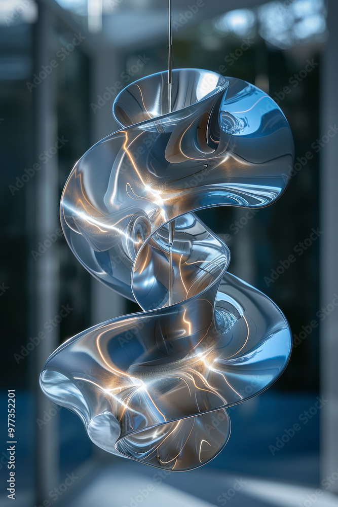 Poster A 3D element of suspended, interlocking metallic rings with glowing inner surfaces,