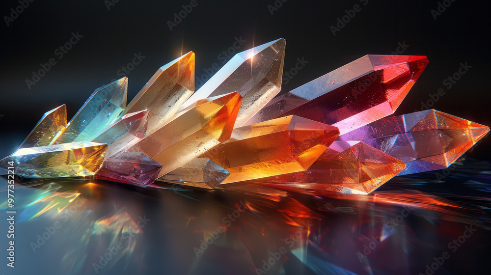 Aufkleber a 3d cluster of elongated prisms, each reflecting a spectrum of colors,
