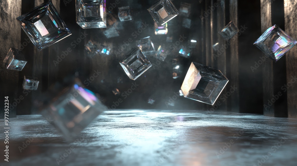 Poster floating metallic prisms casting intricate reflections in a dark, empty void.