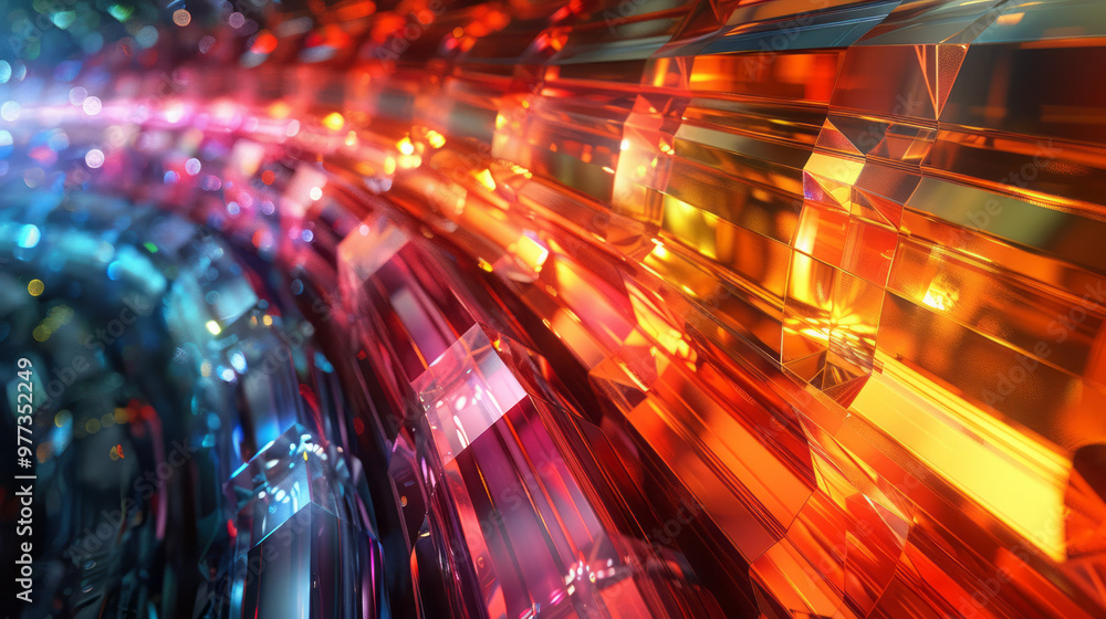 Poster a 3d cluster of elongated prisms, each reflecting a spectrum of colors,