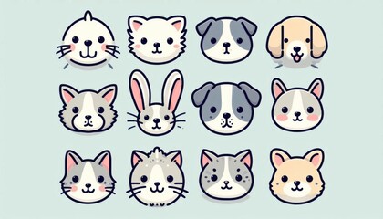 A set of vector art animal faces, including a cat, dog, and rabbit, with clean lines and flat colors, cute and simple