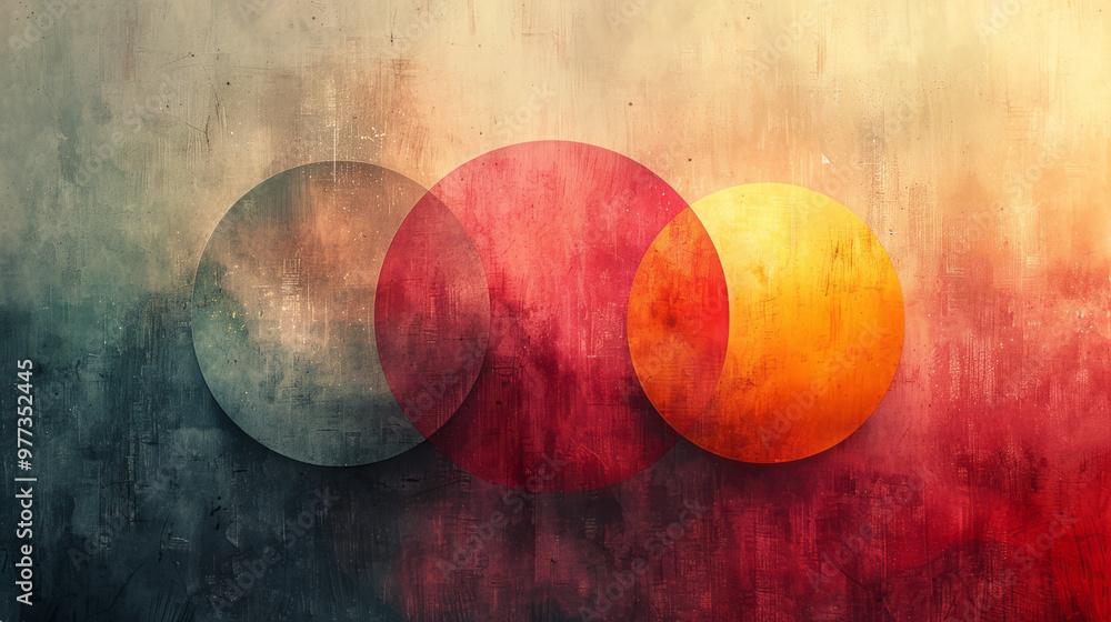 Poster a minimalist geometric composition with overlapping circles and triangles,