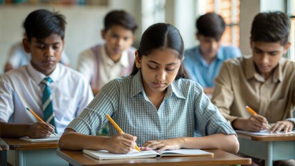 Indian Students Taking Test – Students engaged in an examination in a classroom environment.