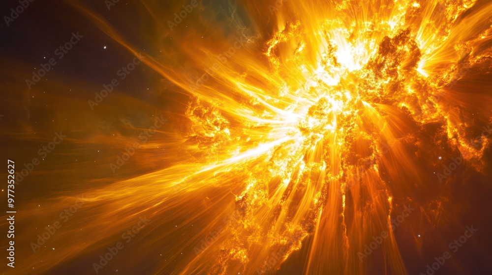 Poster a bright orange explosion in space with a lot of stars in the background