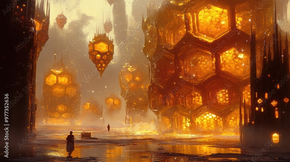 Poster a mesmerizing futuristic landscape with glowing hexagonal structures, illuminated against a misty at