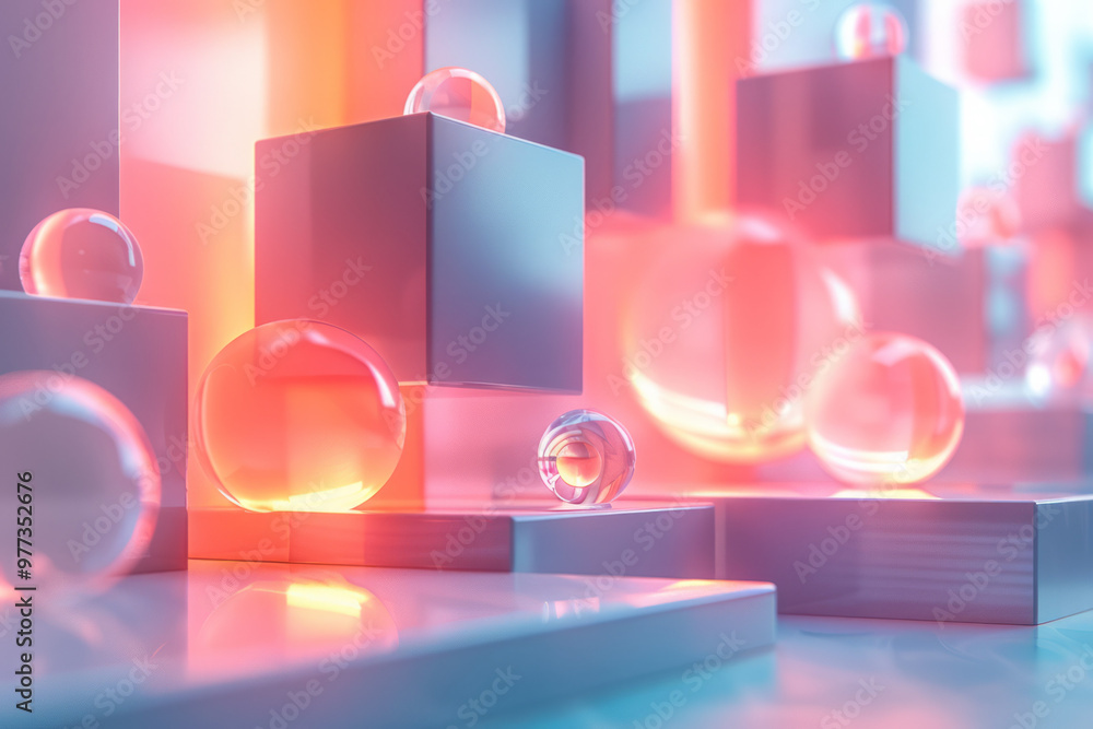 Aufkleber an abstract arrangement of floating 3d geometric shapes like cubes and spheres,