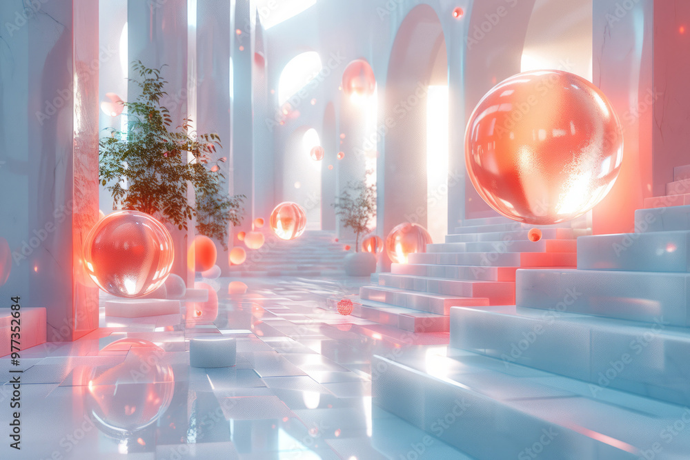 Aufkleber an abstract arrangement of floating 3d geometric shapes like cubes and spheres,