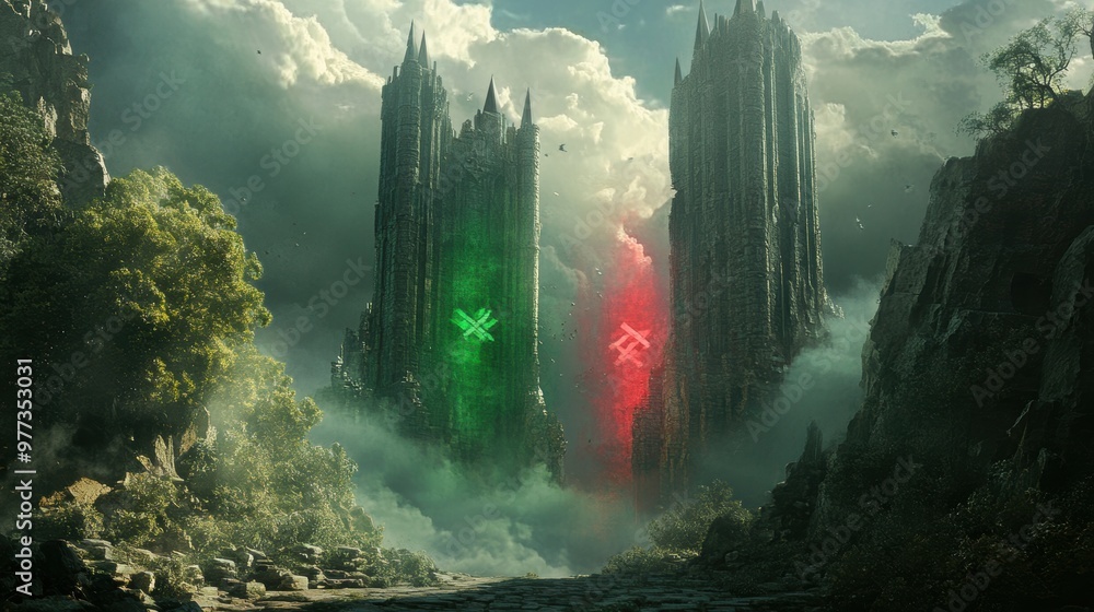 Poster a mystical landscape with towering structures illuminated by green and red light, surrounded by fog 