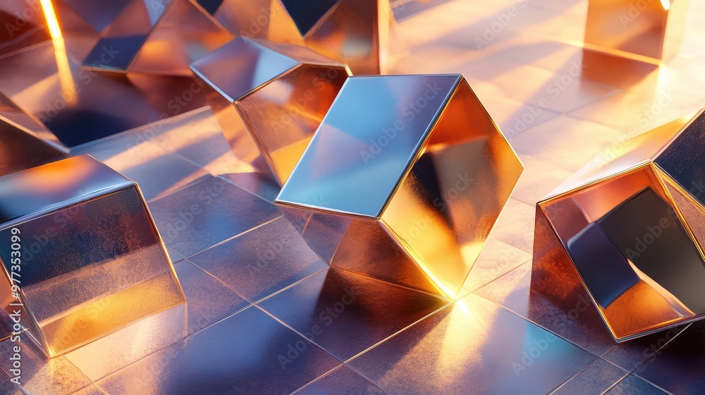 Poster floating metallic prisms reflecting light, casting intricate shadows and reflections.