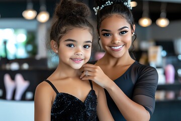 A ballet instructor guiding a young student, correcting her form as she practices at the barre