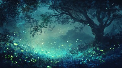 A mystical forest scene illuminated by glowing fireflies under a dark blue sky, creating a serene and enchanting atmosphere.