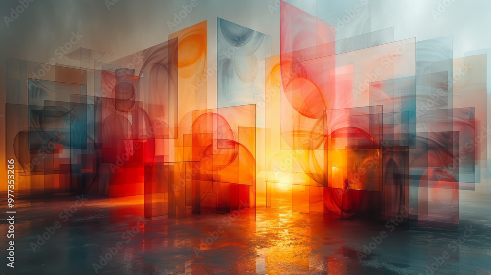 Poster an abstract composition of layered translucent circles and squares,