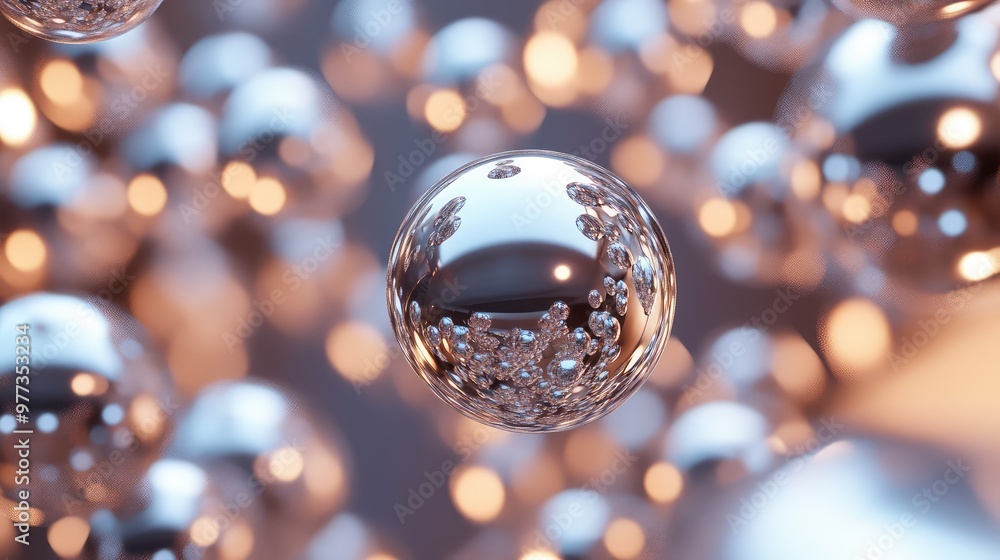 Poster floating metallic spheres of different sizes, creating dynamic reflections in 3d space.