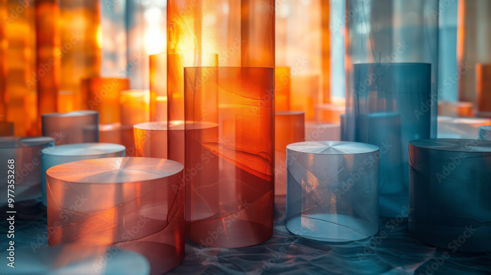 Aufkleber an abstract composition of layered translucent circles and squares,