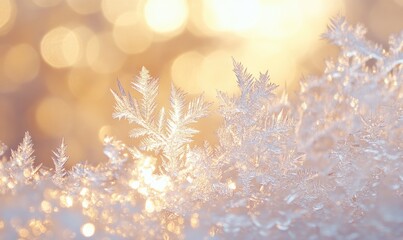 A close up of snowflakes with a warm, golden background