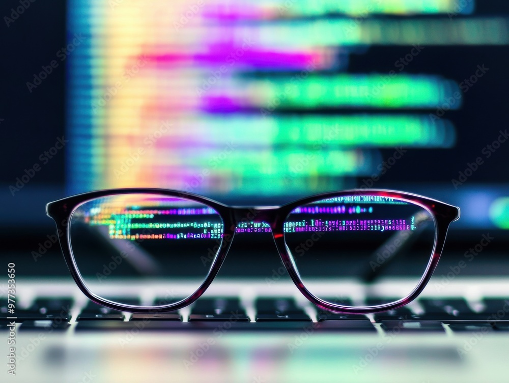 Poster close-up of glasses in front of a laptop displaying vibrant code, symbolizing technology and digital
