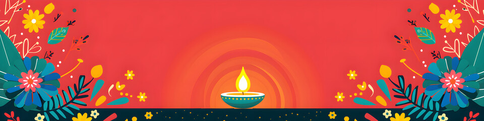 Banner with burning lit diya oil lamp on red background. Diwali, Deepavali greeting template with copy space. Hindu festival of lights. Pongal, Ugadi, Gudi Padwa. Traditional Indian holidays decor.