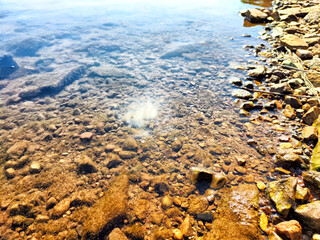Bright sunlight illuminates the clear water, showcasing vibrant pebbles along the rocky shoreline beside a tranquil lake
