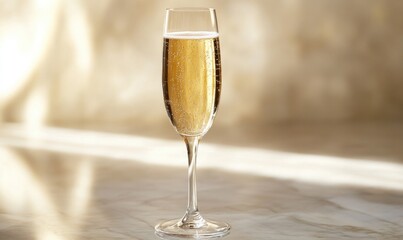 A glass of champagne is sitting on a table