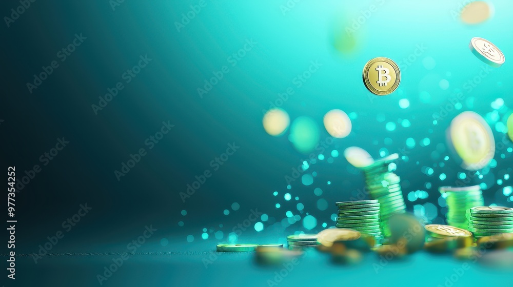 Leinwandbilder dynamic scene of digital coins and stacks of cryptocurrency, symbolizing financial growth and innova