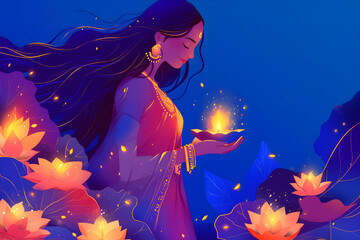 Girl holds burning diya oil lamp against background of night Indian city in lights. Diwali, Deepavali illustration with copy space. Hindu festival of lights celebration. Pongal, Ugadi, Gudi Padwa