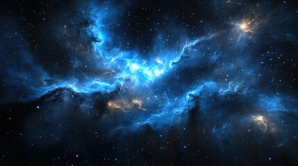 Obraz premium A stunning cosmic scene featuring vibrant blue nebulae, twinkling stars, and ethereal gas clouds in deep space.