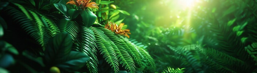 Lush green jungle with vibrant plants and soft sunlight filtering through the foliage, creating a serene, tropical atmosphere.