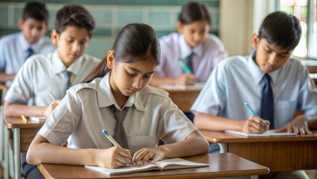 Indian School Exam Hall – Students in an examination hall during a school test.
