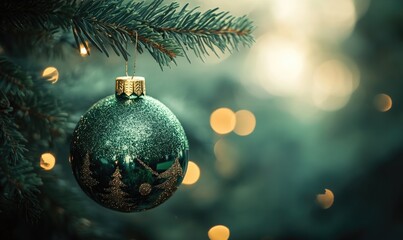 A green Christmas ornament hanging from a tree