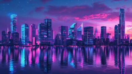 Obraz premium A vibrant city skyline at dusk, illuminated by colorful lights reflecting on the water, creating a stunning urban scene.