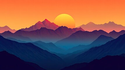 Obraz premium Mountain range silhouette during a vibrant sunset. Nature background