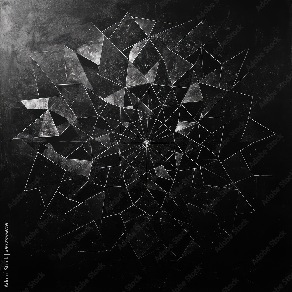 Aufkleber gradually disintegrating geometric shapes forming intricate patterns in a dark void.