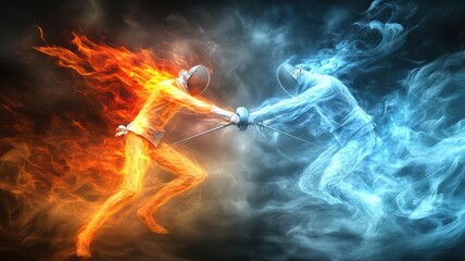 Fototapeta premium Dynamic duel between fiery and icy warriors, showcasing the intense clash of elements in a visually stunning display.