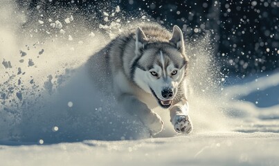 Naklejka premium A dog is running through the snow with its mouth open