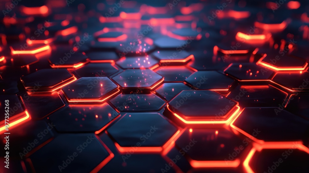 Poster gradually expanding neon hexagons forming a glowing honeycomb structure in a dark space.