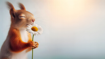 Nature’s Love, Squirrel with a Daisy flower, Soft Pastel Banner