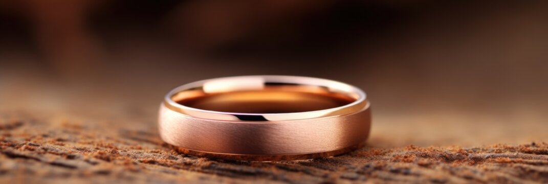 A golden wedding band with a brassy finish, shining on a wooden surface.