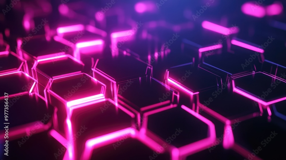 Poster gradually expanding neon hexagons forming a glowing honeycomb structure in a dark space.